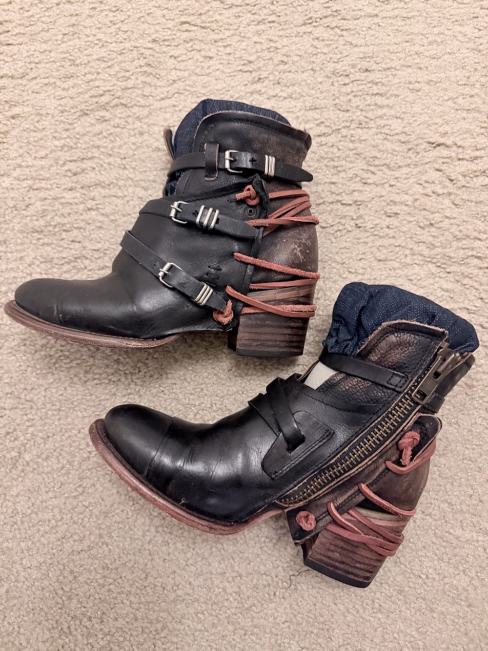 freebird Black Leather Ankle Boots with Pink Wrap Laces